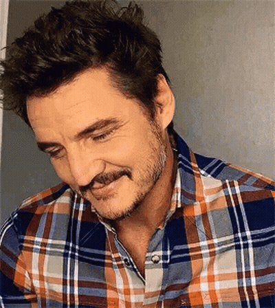 A Man With A Beard And Mustache Wearing A Plaid Shirt Is Smiling . GIF