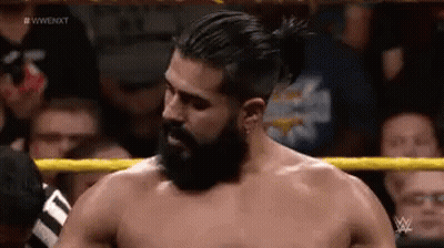 A Man With A Beard And Ponytail Is Standing In A Wrestling Ring . GIF