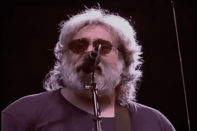 A Man With A Beard And Sunglasses Is Singing Into A Microphone On Stage . GIF