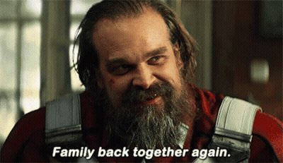 A Man With A Beard And The Words Family Back Together Again GIF