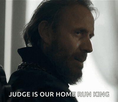 A Man With A Beard And The Words Judge Is Our Home Run King On The Bottom GIF