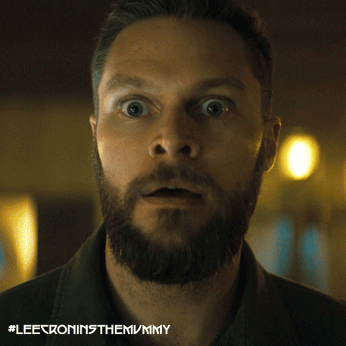 A Man With A Beard Has A Surprised Look On His Face And The Hashtag #Leeroningthemvmmy GIF
