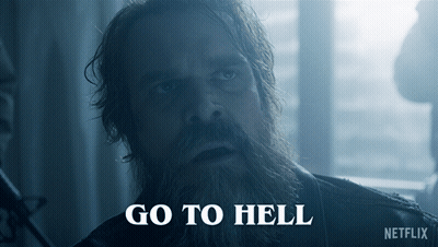 A Man With A Beard Has The Words Go To Hell Written On His Face GIF