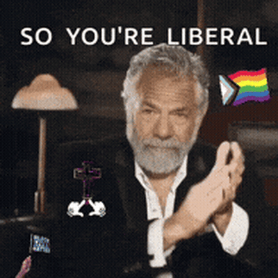 A Man With A Beard Is Clapping With The Words So You 'Re Liberal Above Him GIF