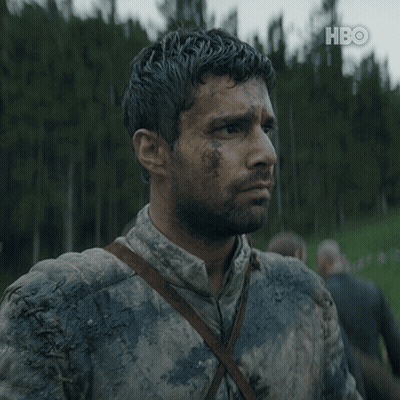 A Man With A Beard Is Covered In Mud And Hbo Is Displayed On The Bottom Right GIF