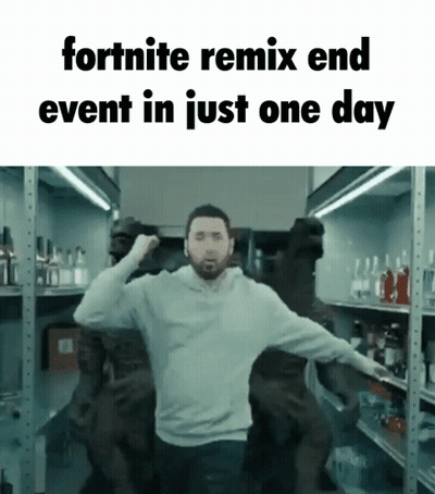 A Man With A Beard Is Dancing In A Store With The Words Fortnite Remix End Event In Just One Day GIF