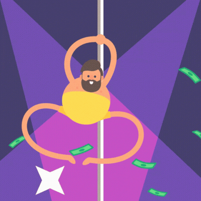 A Man With A Beard Is Dancing On A Pole With Money Around Him GIF