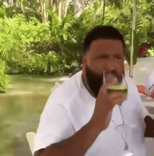 A Man With A Beard Is Drinking A Glass Of Wine Outside . GIF