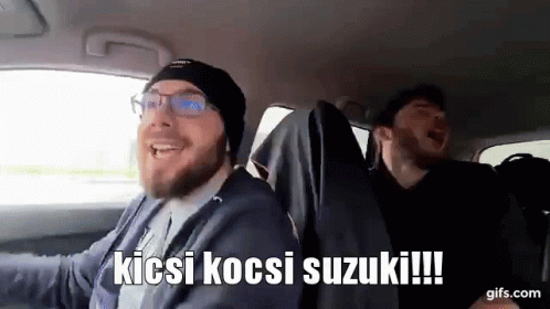 A Man With A Beard Is Driving A Car And Laughing . GIF