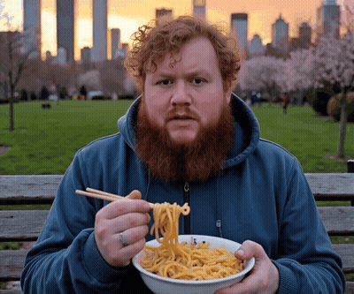 A Man With A Beard Is Eating Noodles With Chopsticks In A Park GIF