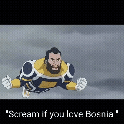 A Man With A Beard Is Flying In The Air With The Words " Scream If You Love Bosnia " Below Him GIF