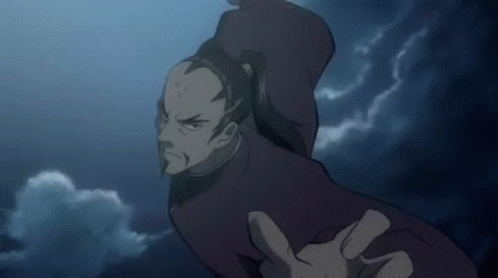 A Man With A Beard Is Flying Through The Air With His Hand Outstretched In Front Of A Cloudy Sky . GIF