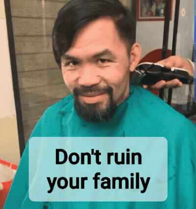 A Man With A Beard Is Getting His Hair Cut With A Caption That Says " Don T Ruin Your Family " GIF