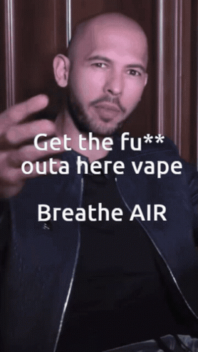 A Man With A Beard Is Giving A Thumbs Up With The Words " Get The Fu ** Outa Here Vape Breathe Air " GIF