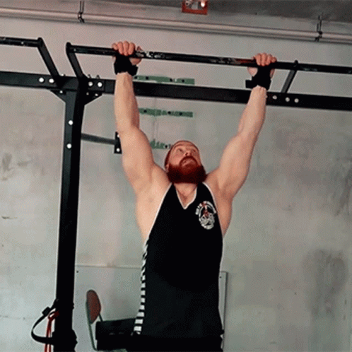 A Man With A Beard Is Hanging Upside Down On A Bar GIF