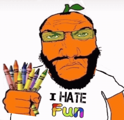 A Man With A Beard Is Holding A Bunch Of Crayons And Wearing A Shirt That Says " I Hate Fun " GIF