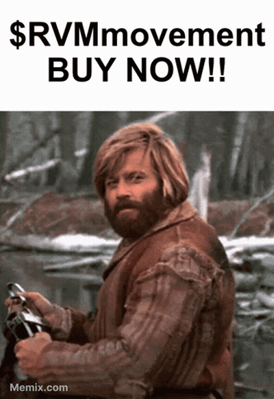 A Man With A Beard Is Holding A Gun In Front Of A Sign That Says $ Rvm Movement Buy Now ! GIF