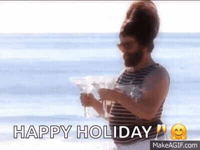 A Man With A Beard Is Holding A Martini On The Beach And Says " Happy Holiday " GIF