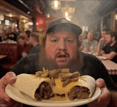 A Man With A Beard Is Holding A Plate Of Food With A Gk Hat On GIF