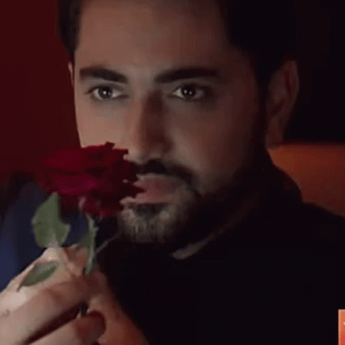 A Man With A Beard Is Holding A Rose In Front Of His Face GIF
