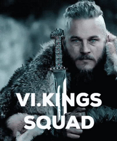 A Man With A Beard Is Holding A Sword With The Words Vikings Squad Written Below Him GIF