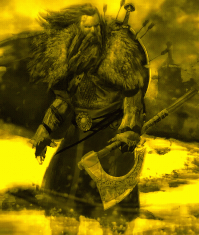 A Man With A Beard Is Holding An Axe And A Shield GIF