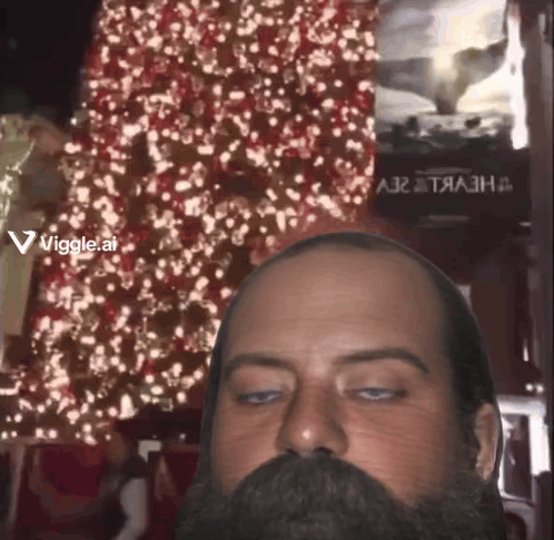 A Man With A Beard Is Looking At The Camera With A Christmas Tree In The Background And A Sign That Says Viggle.ai GIF