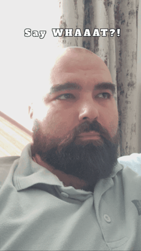 A Man With A Beard Is Looking At The Camera With The Words Say Whaaat Below Him GIF