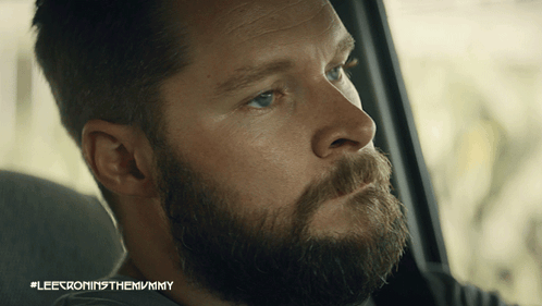 A Man With A Beard Is Looking Out Of A Car Window With The Hashtag #Leeroningthemummy Below Him GIF