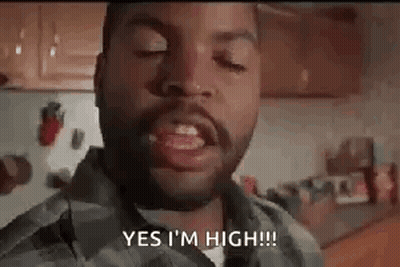 A Man With A Beard Is Making A Funny Face And Saying `` Yes I 'M High '' In A Kitchen . GIF