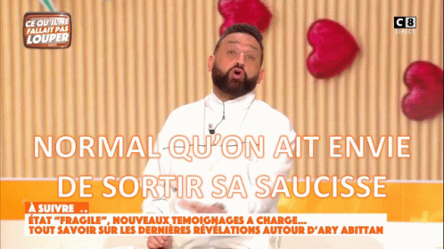 A Man With A Beard Is On A Television Screen With The Words Normal Qu ' On Ait Envie De Sortir Sa Saucisse GIF