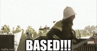 A Man With A Beard Is Playing A Guitar And The Words `` Based !!! '' Are Above Him . GIF