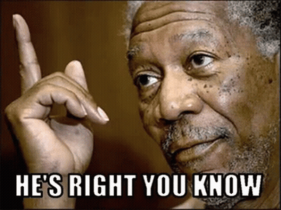 A Man With A Beard Is Pointing Up With The Words He 'S Right You Know Below Him GIF