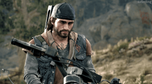 A Man With A Beard Is Riding A Motorcycle And Holding A Gun In A Video Game GIF
