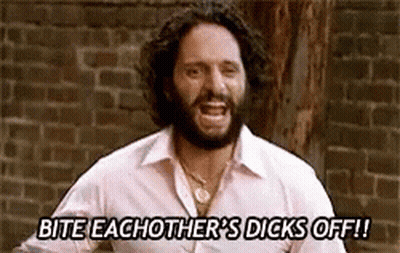 A Man With A Beard Is Saying Bite Eachother 'S Dicks Off ! GIF