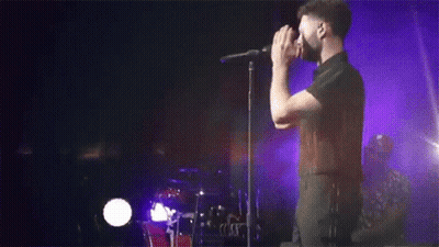 A Man With A Beard Is Singing Into A Microphone On Stage . GIF