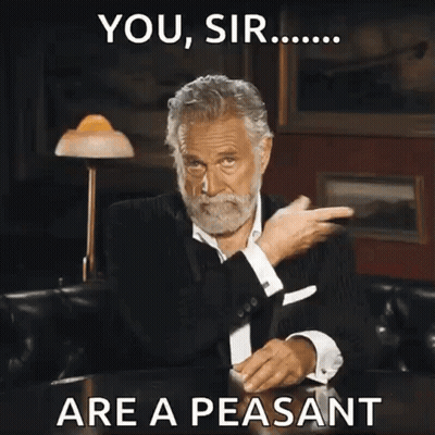 A Man With A Beard Is Sitting At A Table With The Words You Sir Are A Peasant GIF