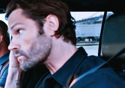 A Man With A Beard Is Sitting In A Car With His Hand On His Face GIF
