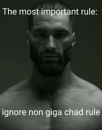 A Man With A Beard Is Sitting In A Chair With The Words " The Most Important Rule Ignore Non Giga Chad Rule " Below Him GIF