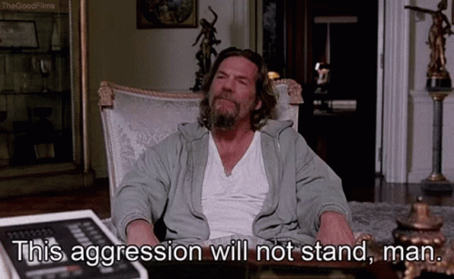 A Man With A Beard Is Sitting In A Chair With The Words This Aggression Will Not Stand Man GIF