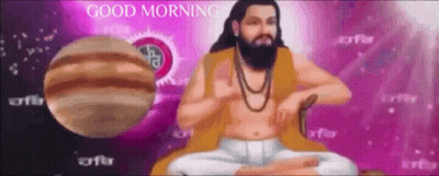 A Man With A Beard Is Sitting In Front Of A Planet With The Words Good Morning On It GIF
