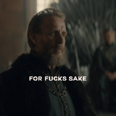 A Man With A Beard Is Sitting In Front Of A Throne With The Words For Fucks Sake Below Him GIF