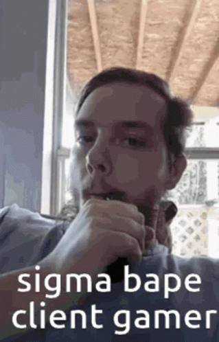A Man With A Beard Is Sitting In Front Of A Window With His Hand On His Chin And The Caption Sigma Bape Client Gamer . GIF