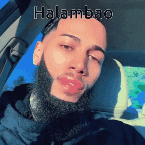 A Man With A Beard Is Sitting In The Back Seat Of A Car With The Word Halambao On The Bottom GIF