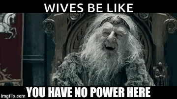 A Man With A Beard Is Sitting On A Throne With A Caption That Says `` Wives Be Like You Have No Power Here '' GIF