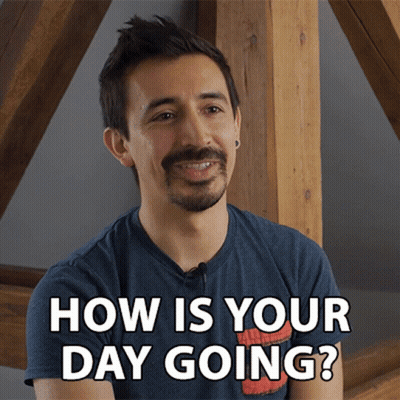 A Man With A Beard Is Smiling And Asking " How Is Your Day Going " GIF