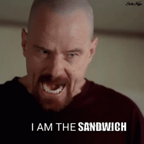 A Man With A Beard Is Smiling And Saying I Am The Sandwich . GIF