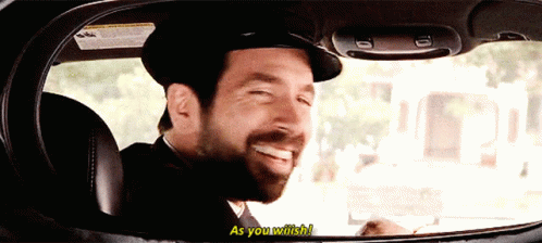 A Man With A Beard Is Smiling In A Car With The Words As You Wish Below Him GIF