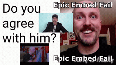 A Man With A Beard Is Smiling In Front Of A Sign That Says Epic Embed Fail GIF