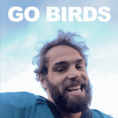 A Man With A Beard Is Smiling In Front Of A Sign That Says " Go Birds " GIF